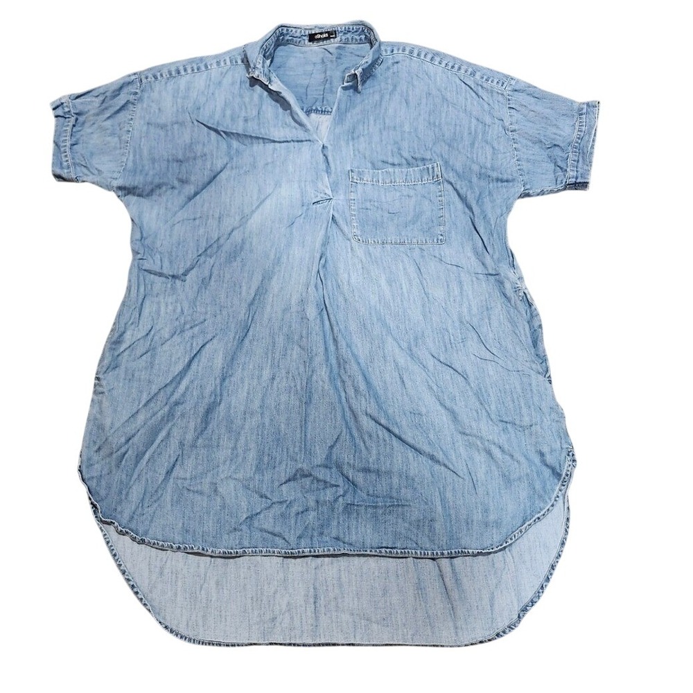 eShakti Womens 3X 24W Light Wash Denim Chambray High Low Tunic Top Short Sleeve